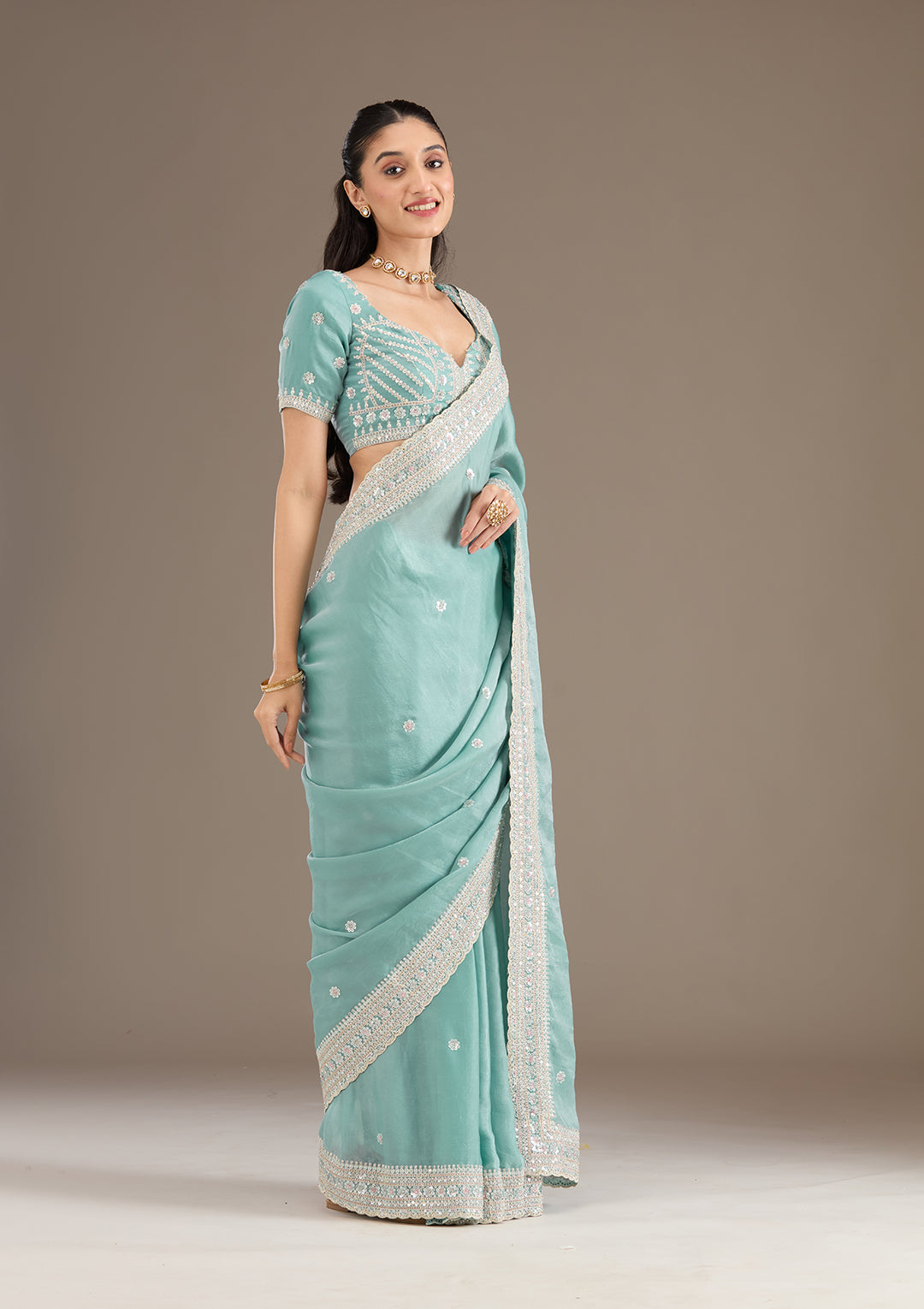 Sea Green Stonework Tissue Saree