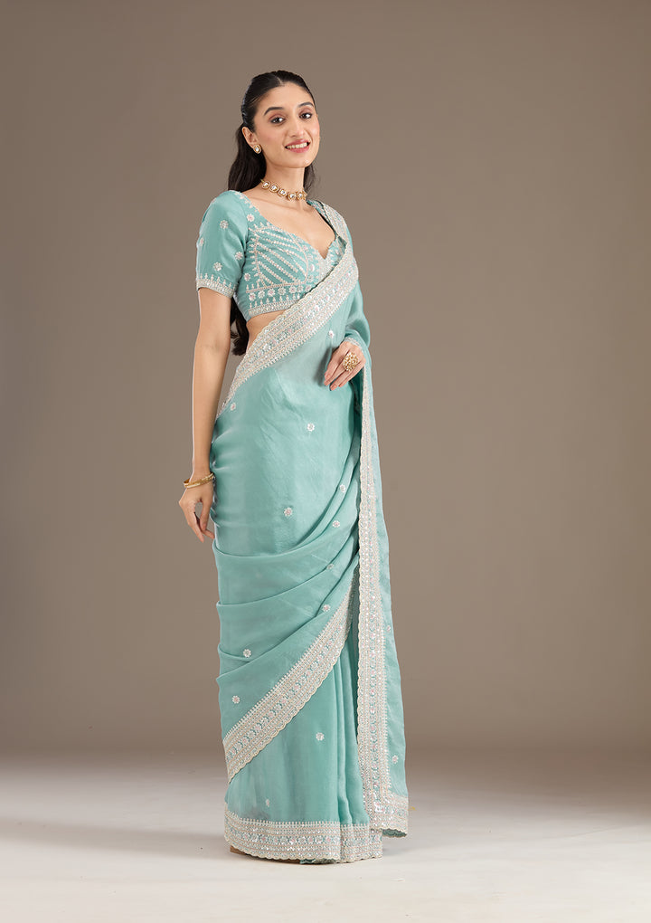 Sea Green Stonework Tissue Saree