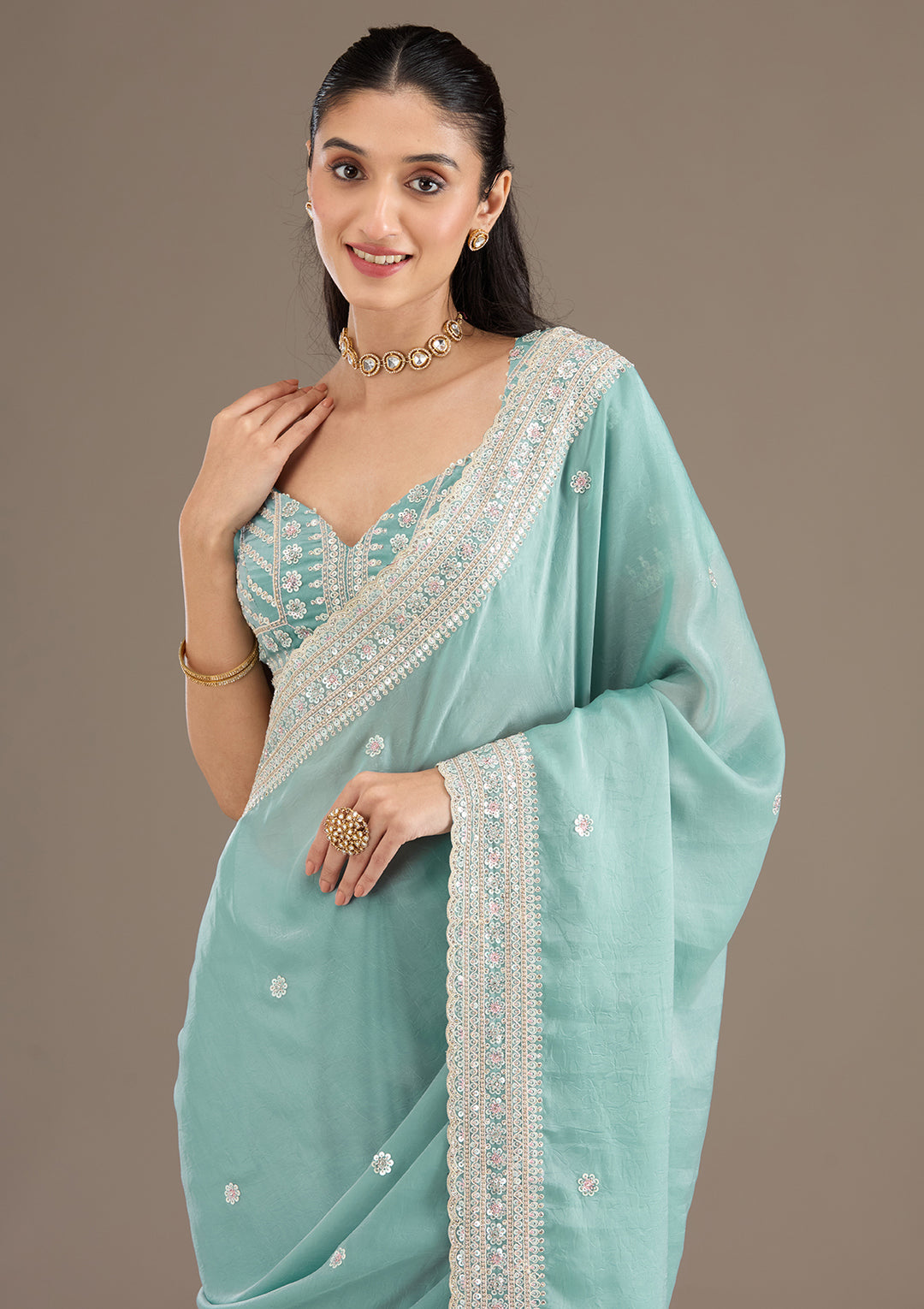 Sea Green Stonework Tissue Saree