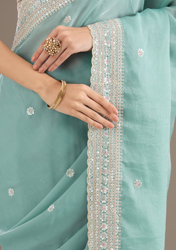 Sea Green Stonework Tissue Saree