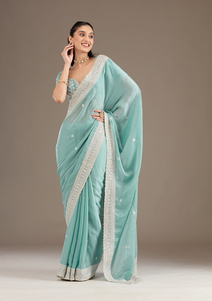 Sea Green Stonework Tissue Saree