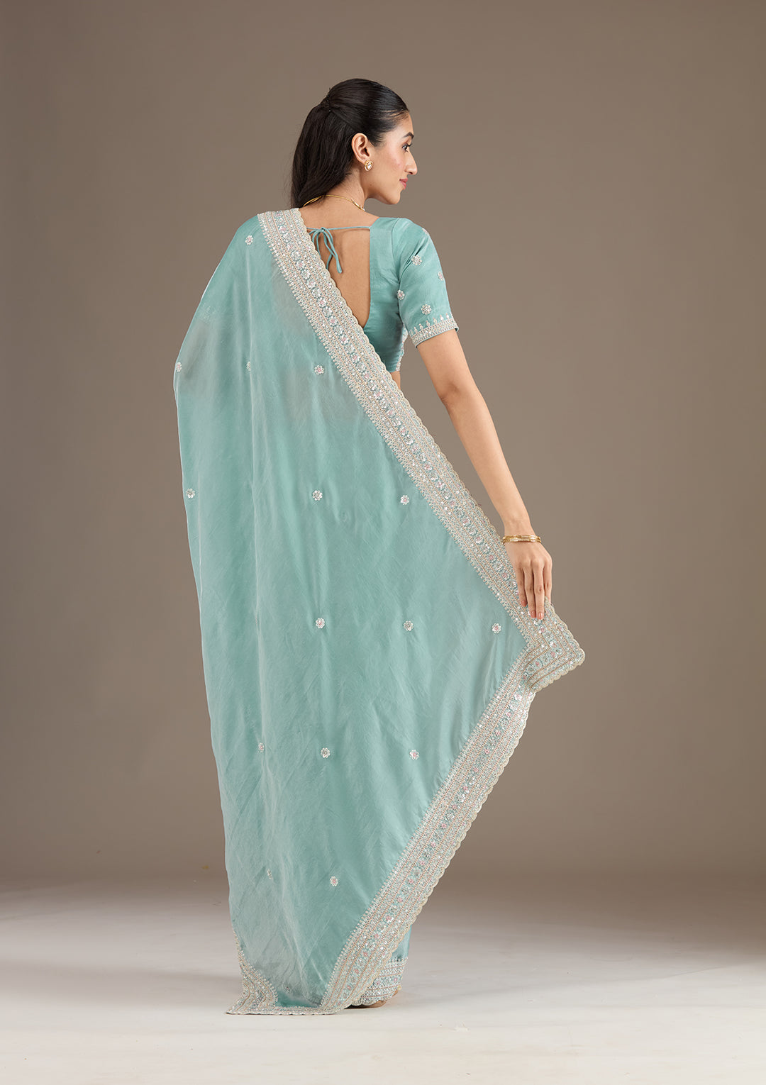 Sea Green Stonework Tissue Saree