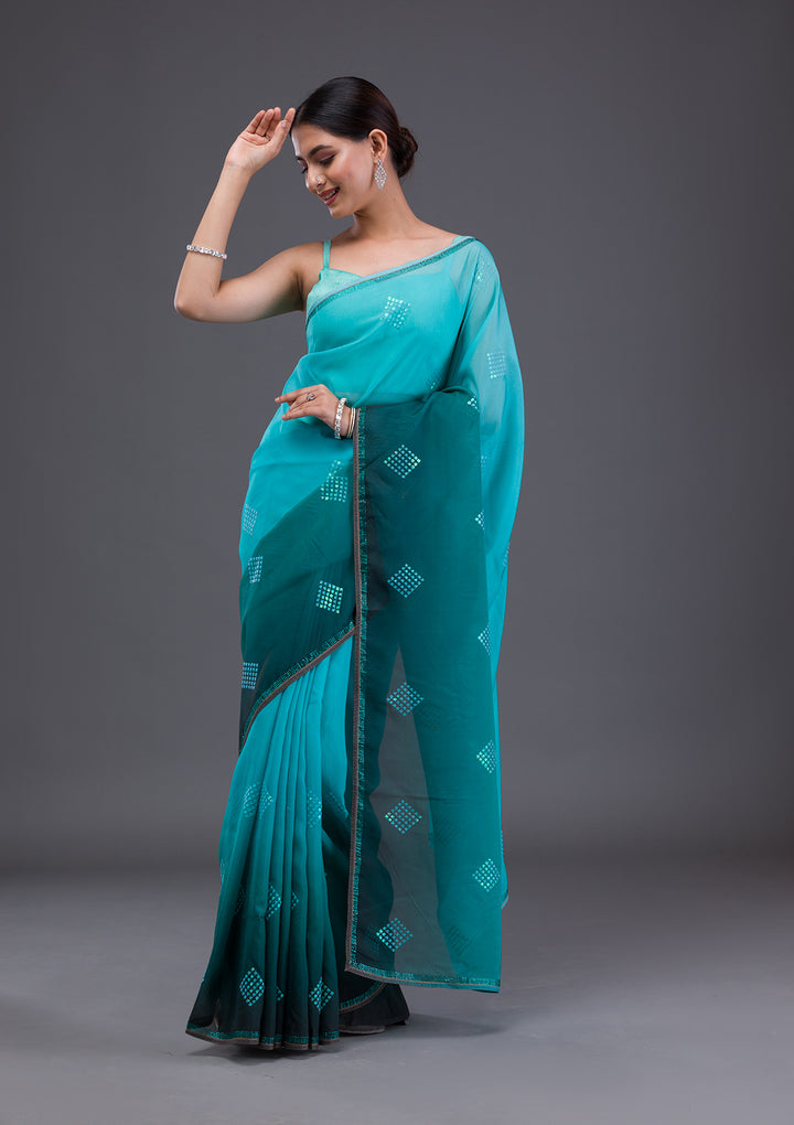 Sea Green Swarovski Satin Saree
