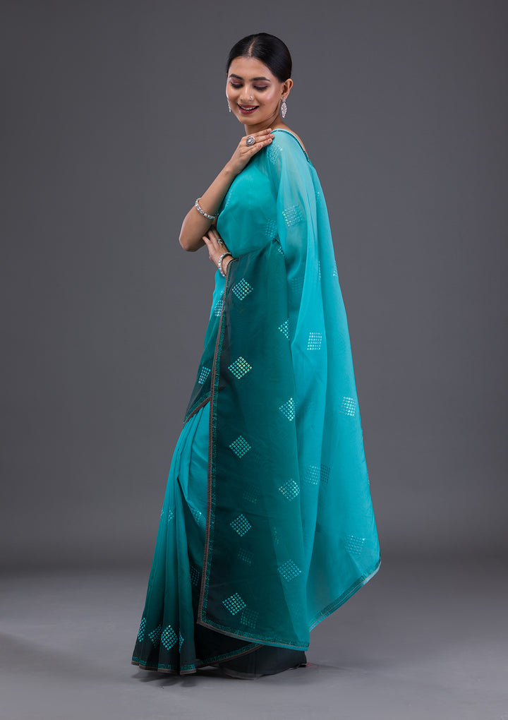 Sea Green Swarovski Satin Saree