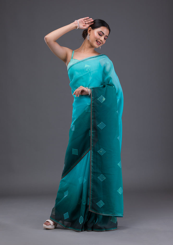 Sea Green Swarovski Satin Saree