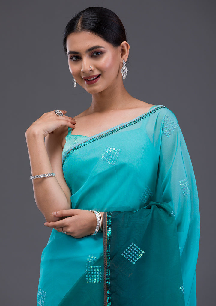 Sea Green Swarovski Satin Saree
