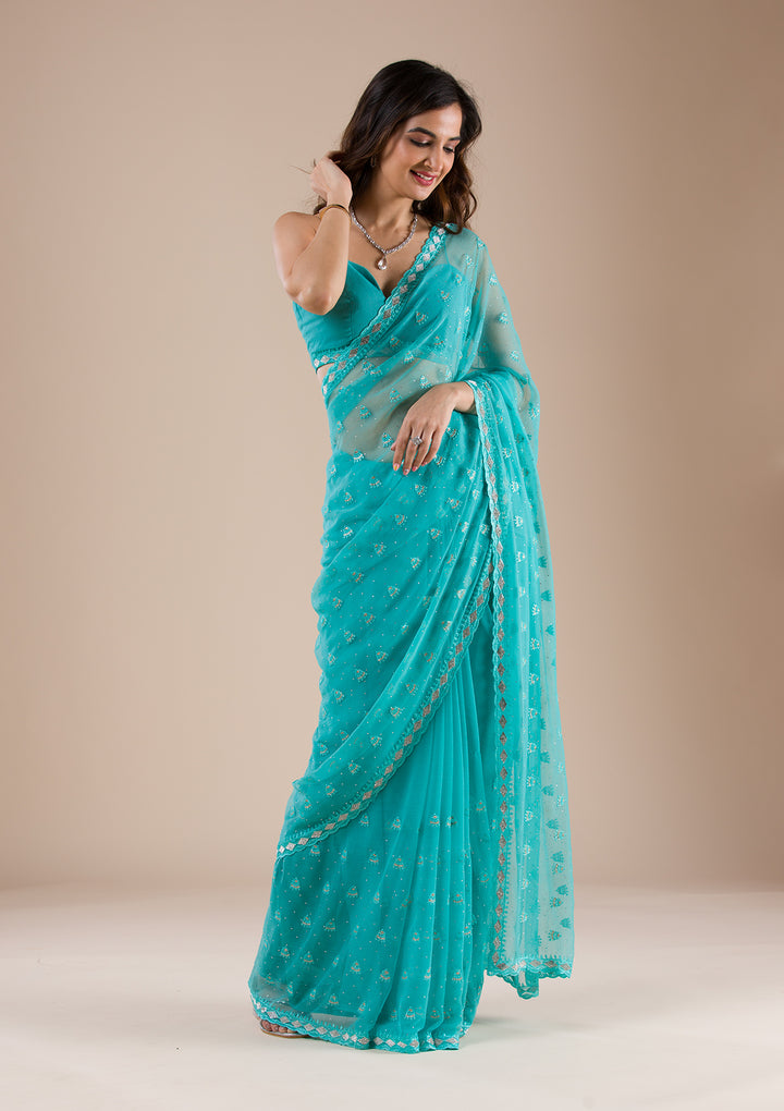 Sea Green Threadwork Chiffon Saree