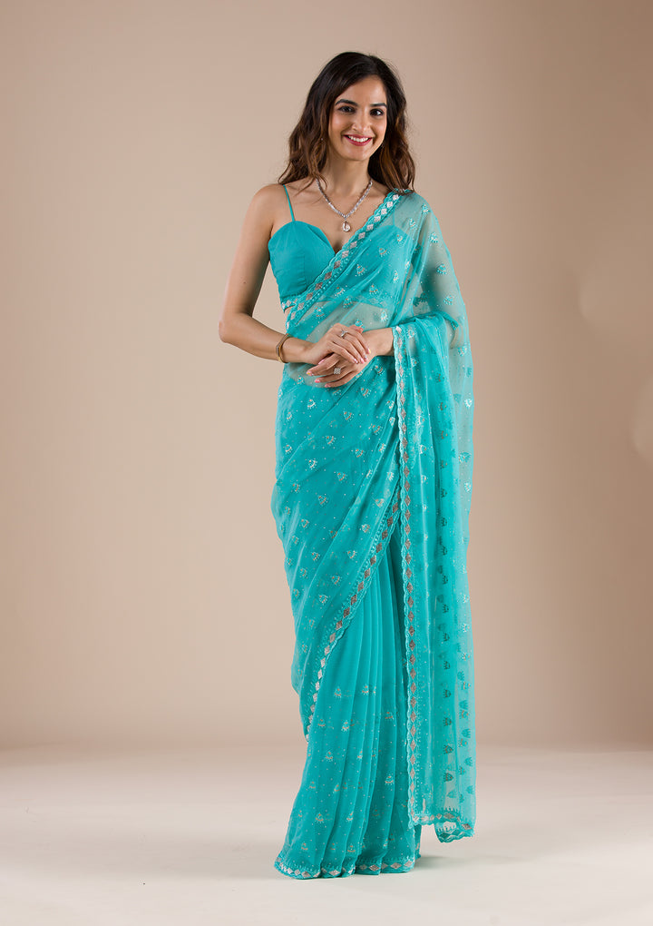 Sea Green Threadwork Chiffon Saree