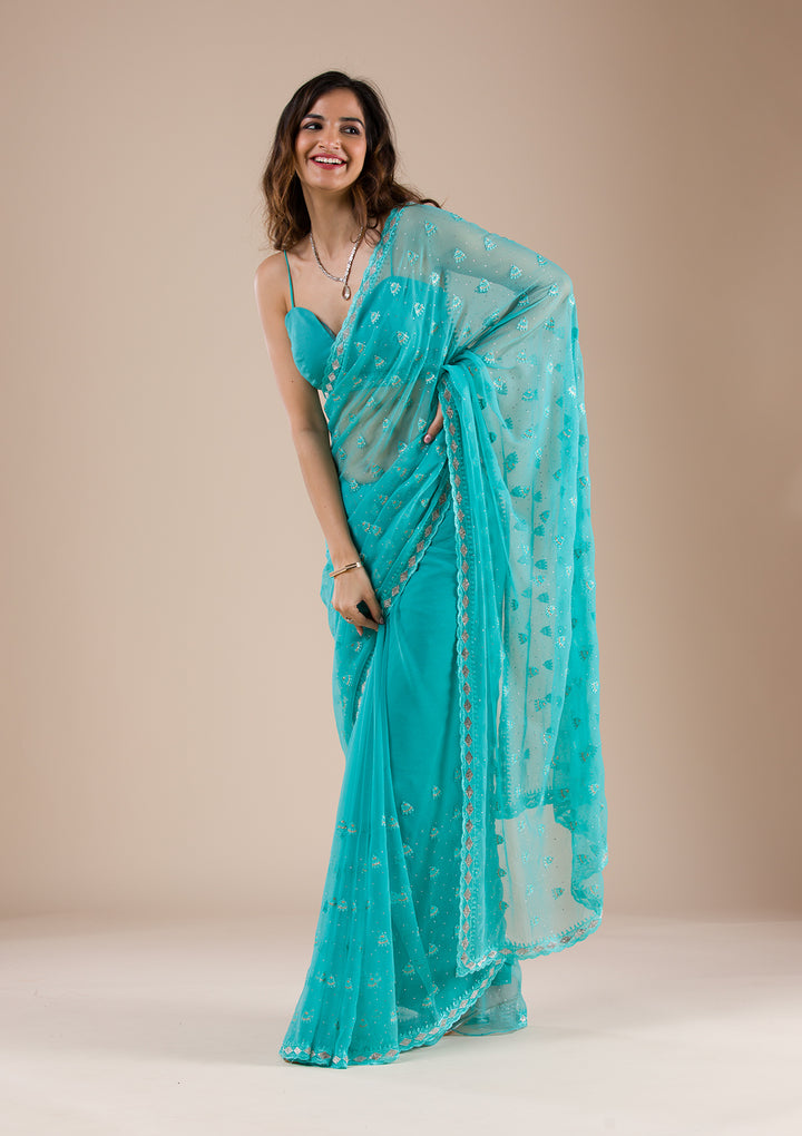 Sea Green Threadwork Chiffon Saree
