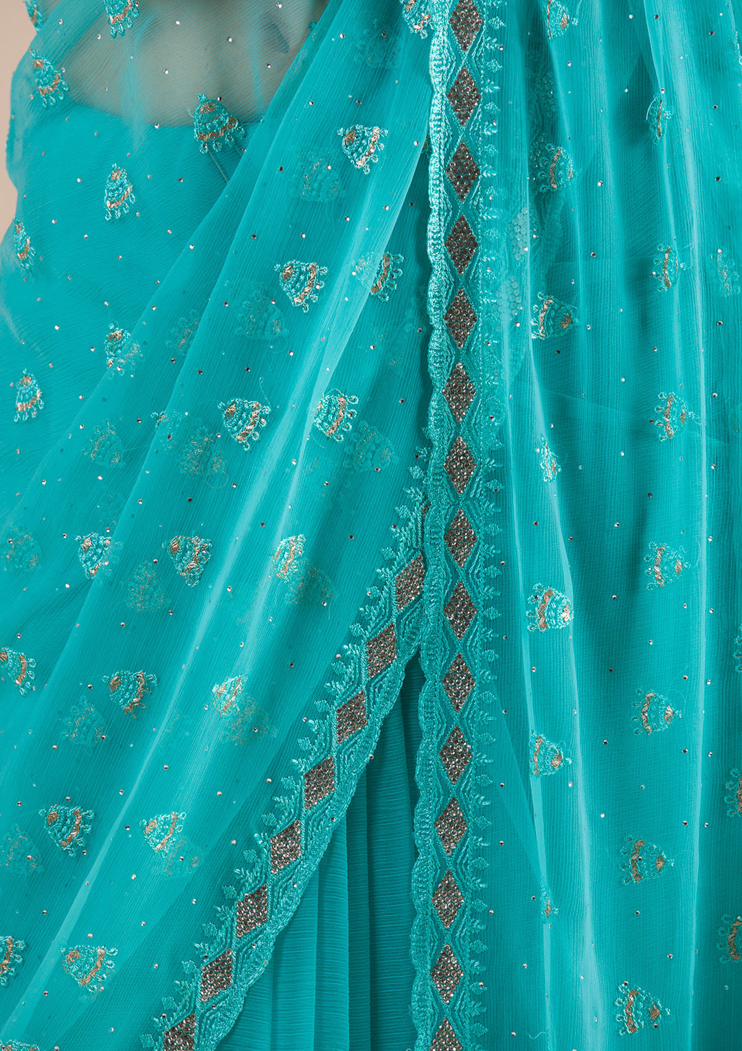 Sea Green Threadwork Chiffon Saree
