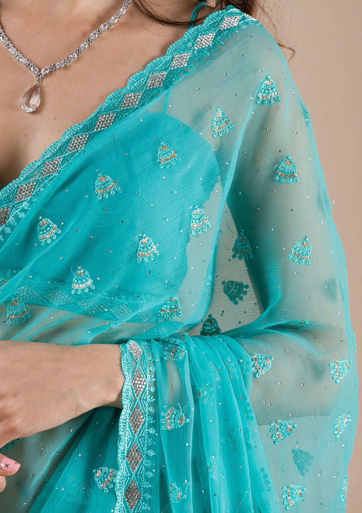 Sea Green Threadwork Chiffon Saree