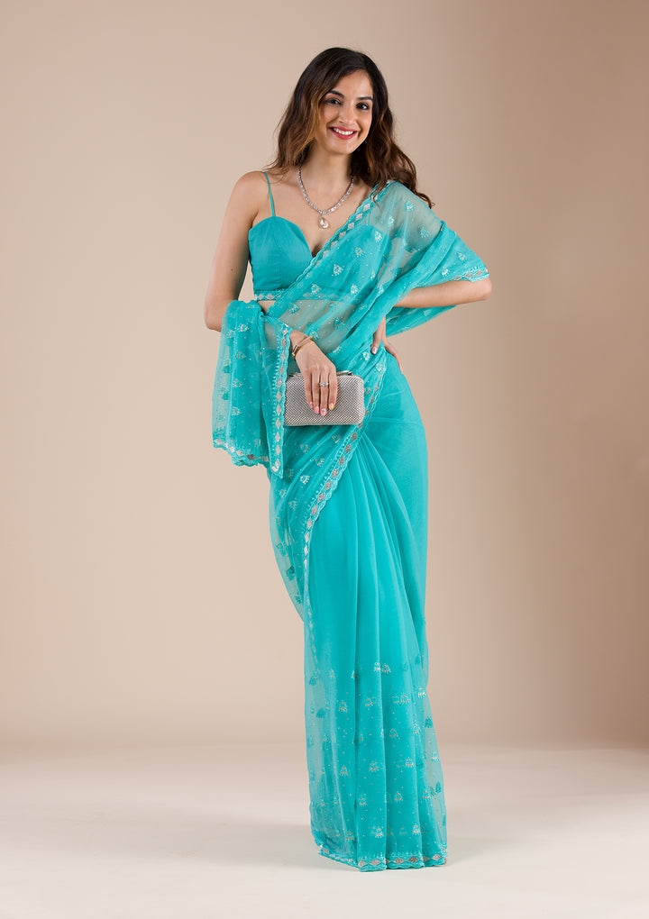 Sea Green Threadwork Chiffon Saree