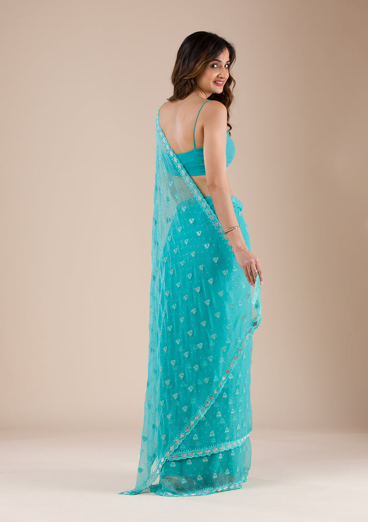 Sea Green Threadwork Chiffon Saree