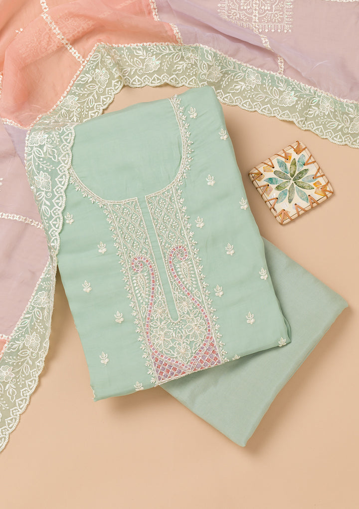 Sea Green Threadwork Organza Unstitched Salwar Suit