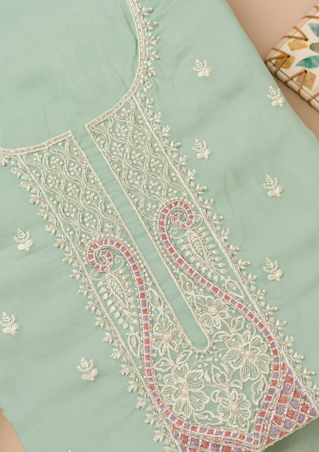 Sea Green Threadwork Organza Unstitched Salwar Suit