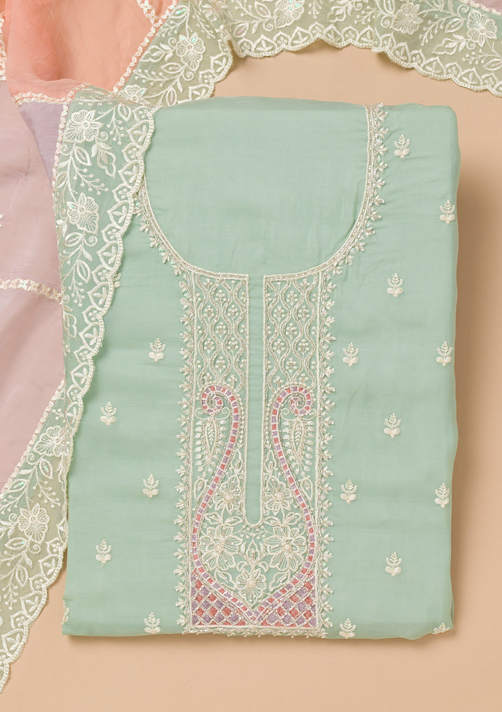 Sea Green Threadwork Organza Unstitched Salwar Suit
