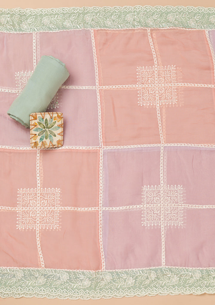 Sea Green Threadwork Organza Unstitched Salwar Suit