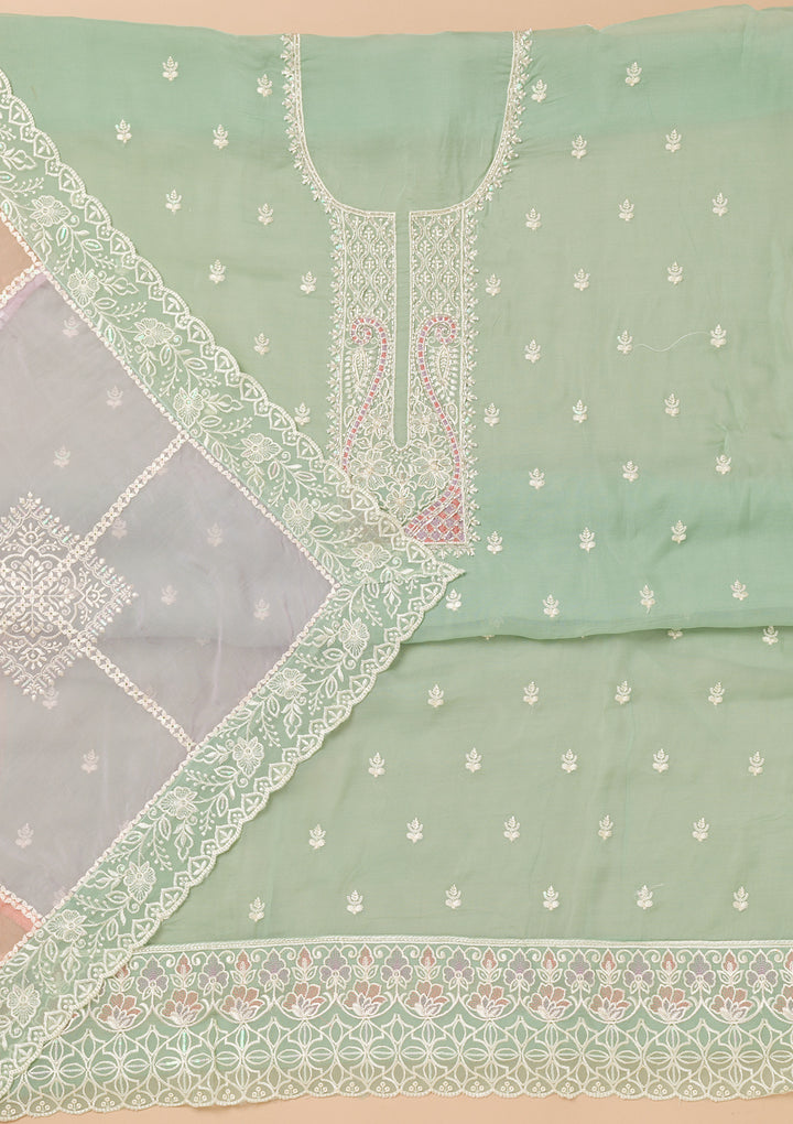 Sea Green Threadwork Organza Unstitched Salwar Suit