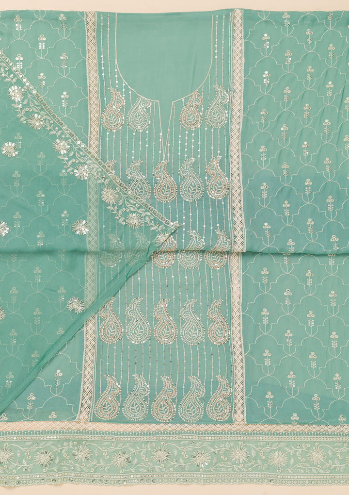 Sea Green Threadwork Semi Crepe Unstitched Salwar Suit