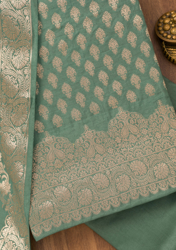 Sea Green Silk Gold Zariwork Unstitched Dress Material With Matching Bottom And Dupatta