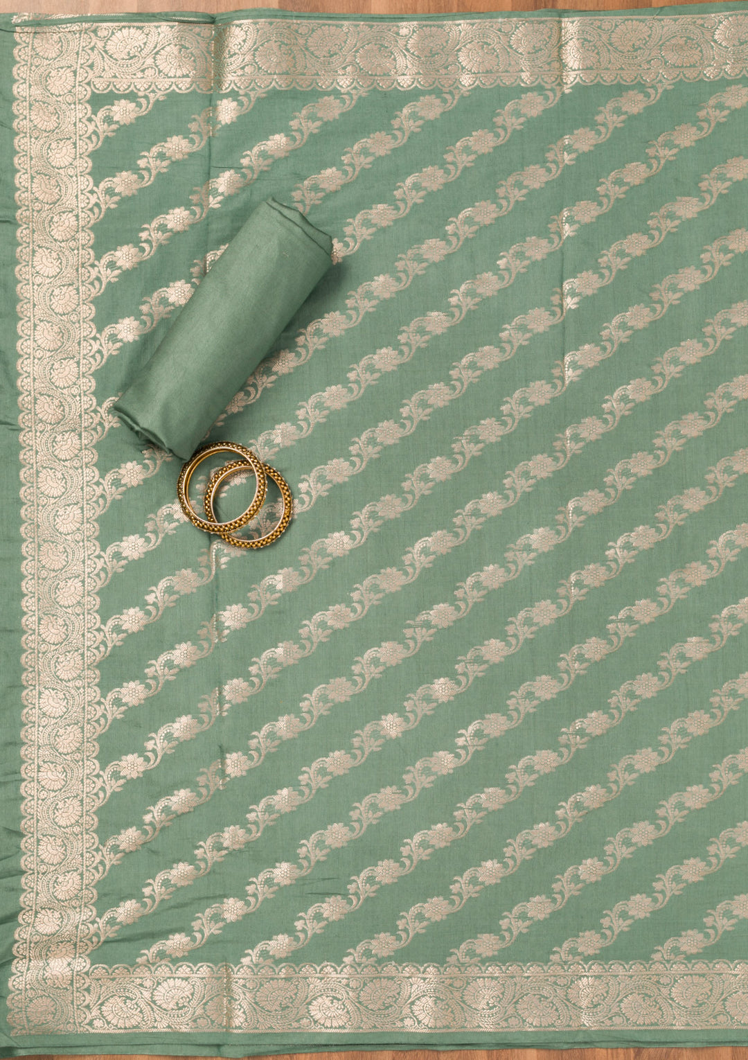 Sea Green Silk Gold Zariwork Unstitched Dress Material With Matching Bottom And Dupatta