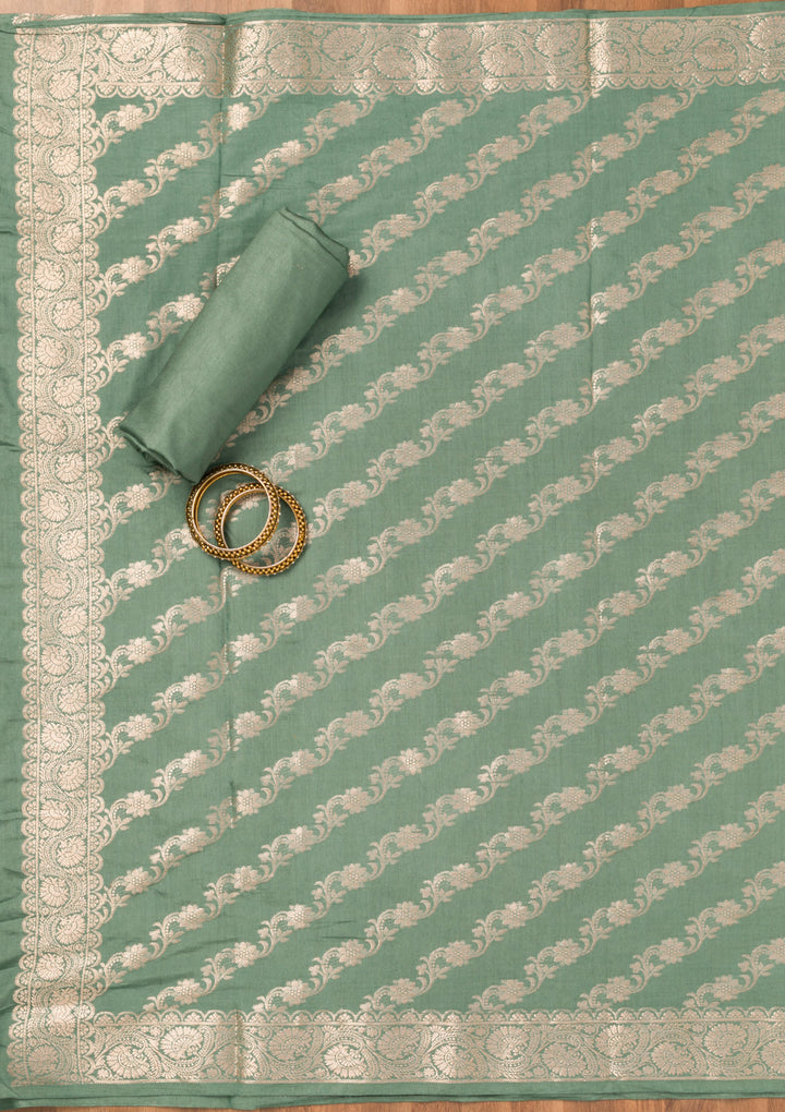Sea Green Silk Gold Zariwork Unstitched Dress Material With Matching Bottom And Dupatta