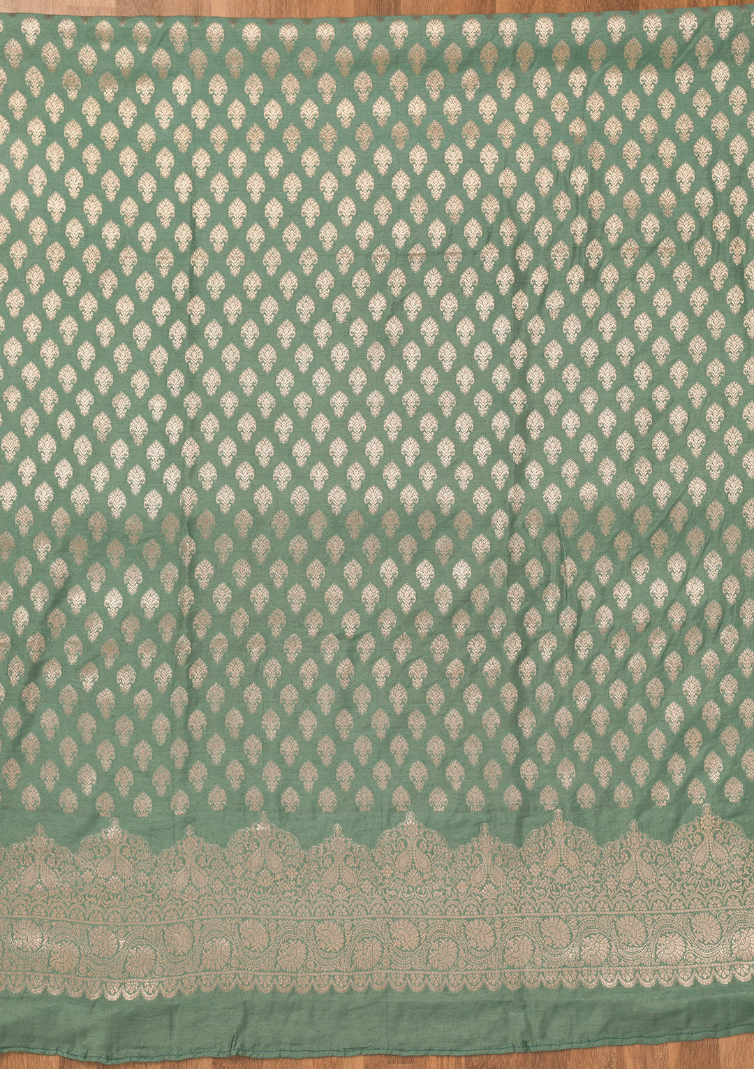 Sea Green Silk Gold Zariwork Unstitched Dress Material With Matching Bottom And Dupatta