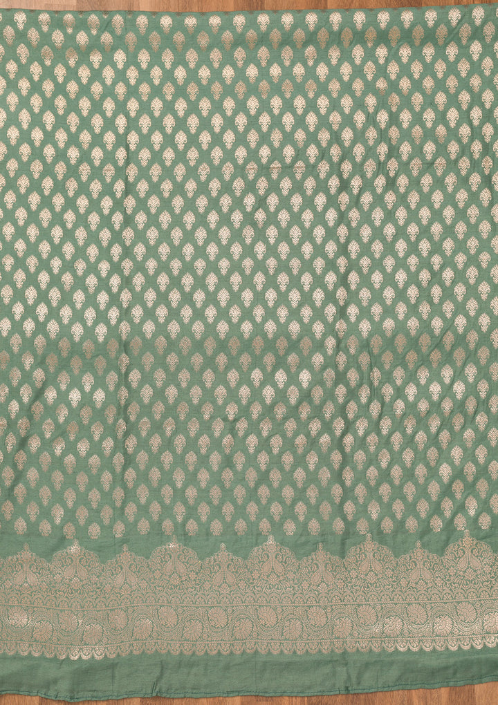Sea Green Silk Gold Zariwork Unstitched Dress Material With Matching Bottom And Dupatta