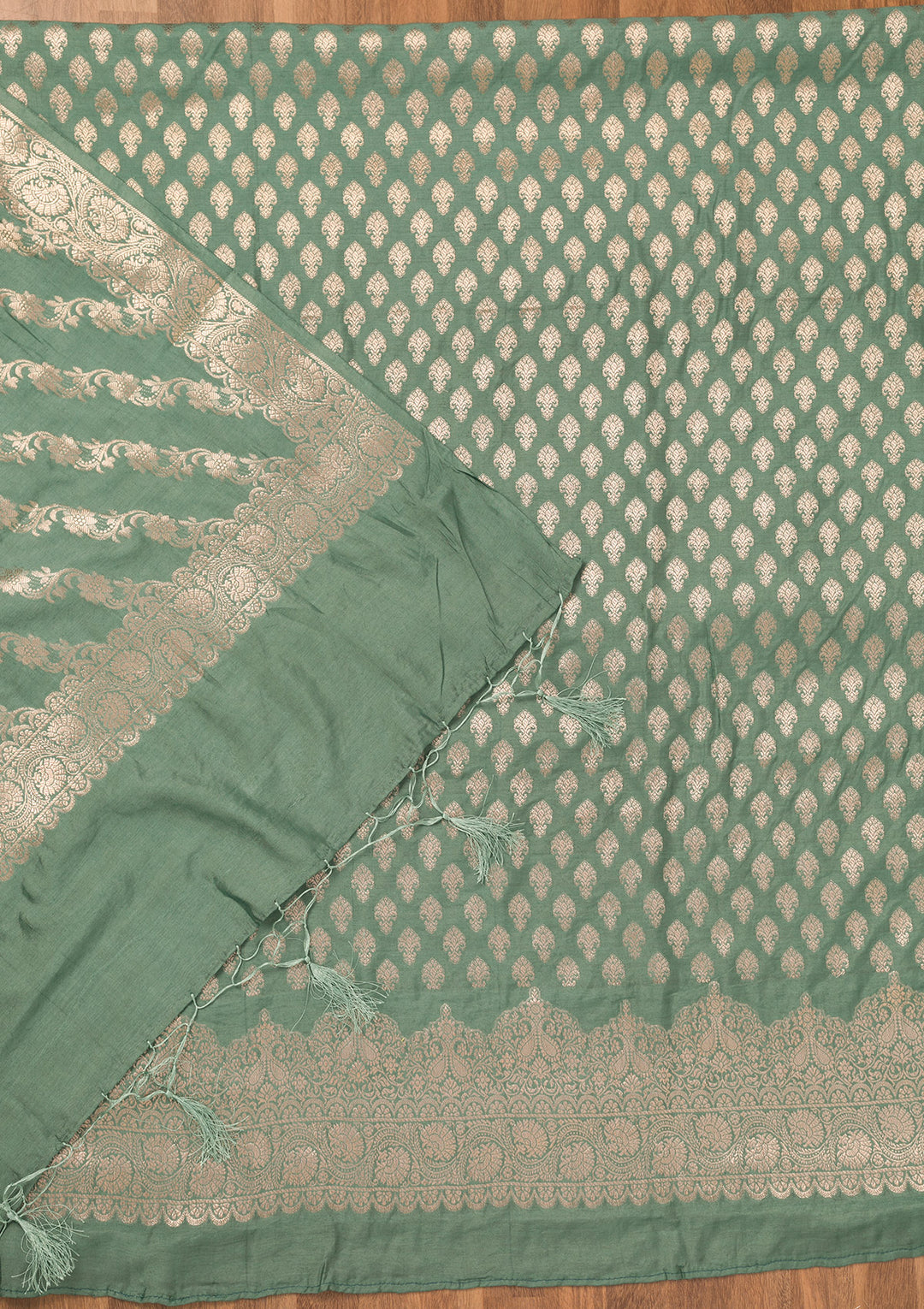 Sea Green Silk Gold Zariwork Unstitched Dress Material With Matching Bottom And Dupatta