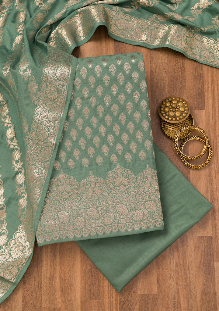 Sea Green Silk Gold Zariwork Unstitched Dress Material With Matching Bottom And Dupatta
