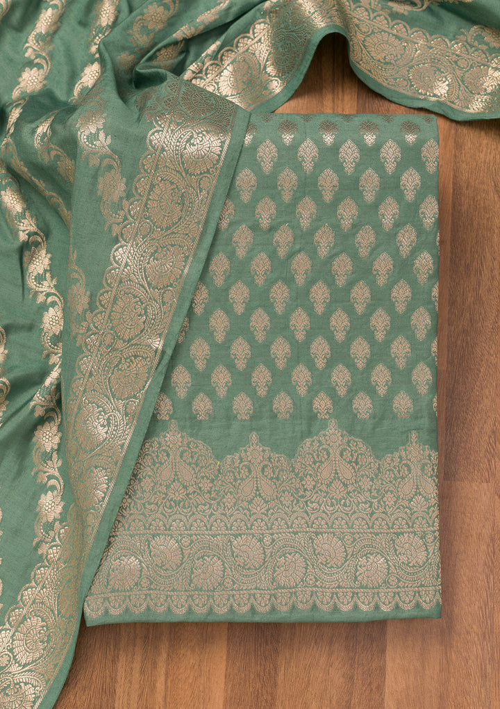 Sea Green Silk Gold Zariwork Unstitched Dress Material With Matching Bottom And Dupatta