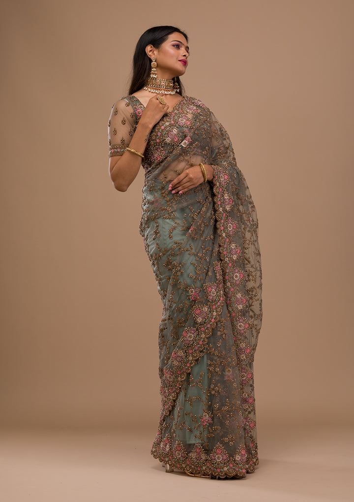 Sea Green Zariwork Net Saree