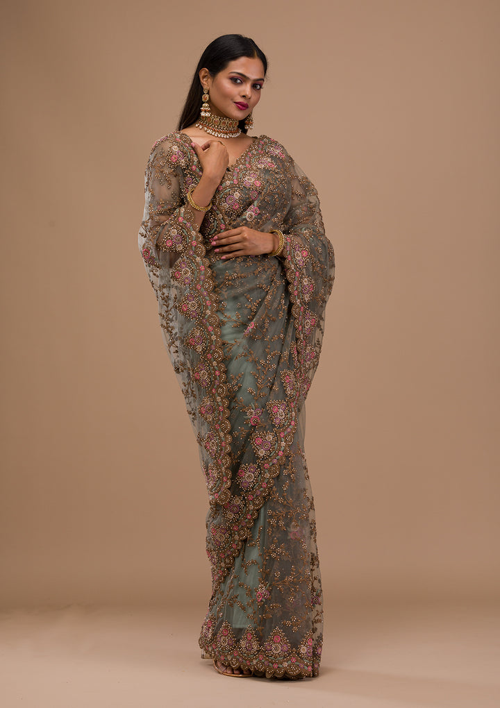 Sea Green Zariwork Net Saree