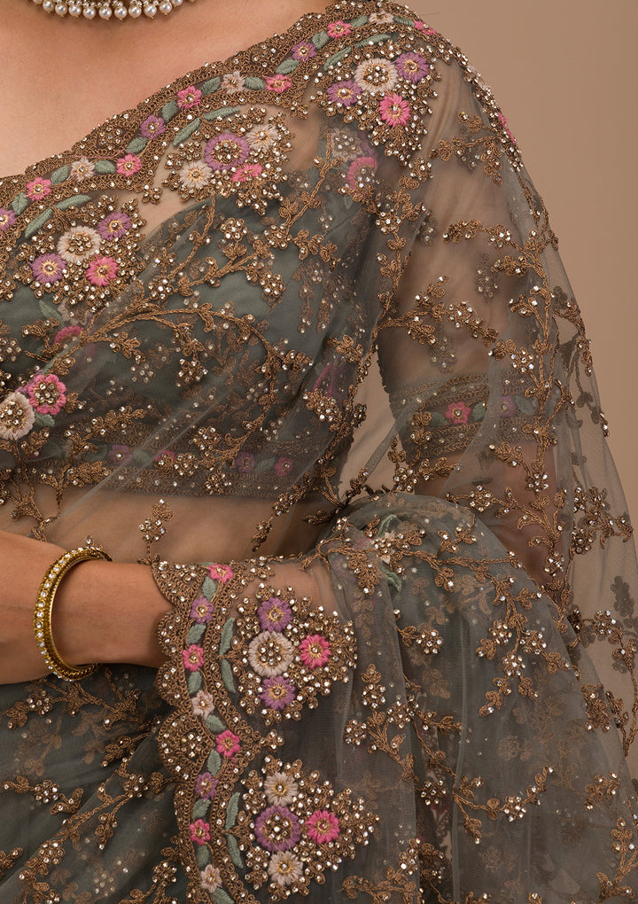 Sea Green Zariwork Net Saree