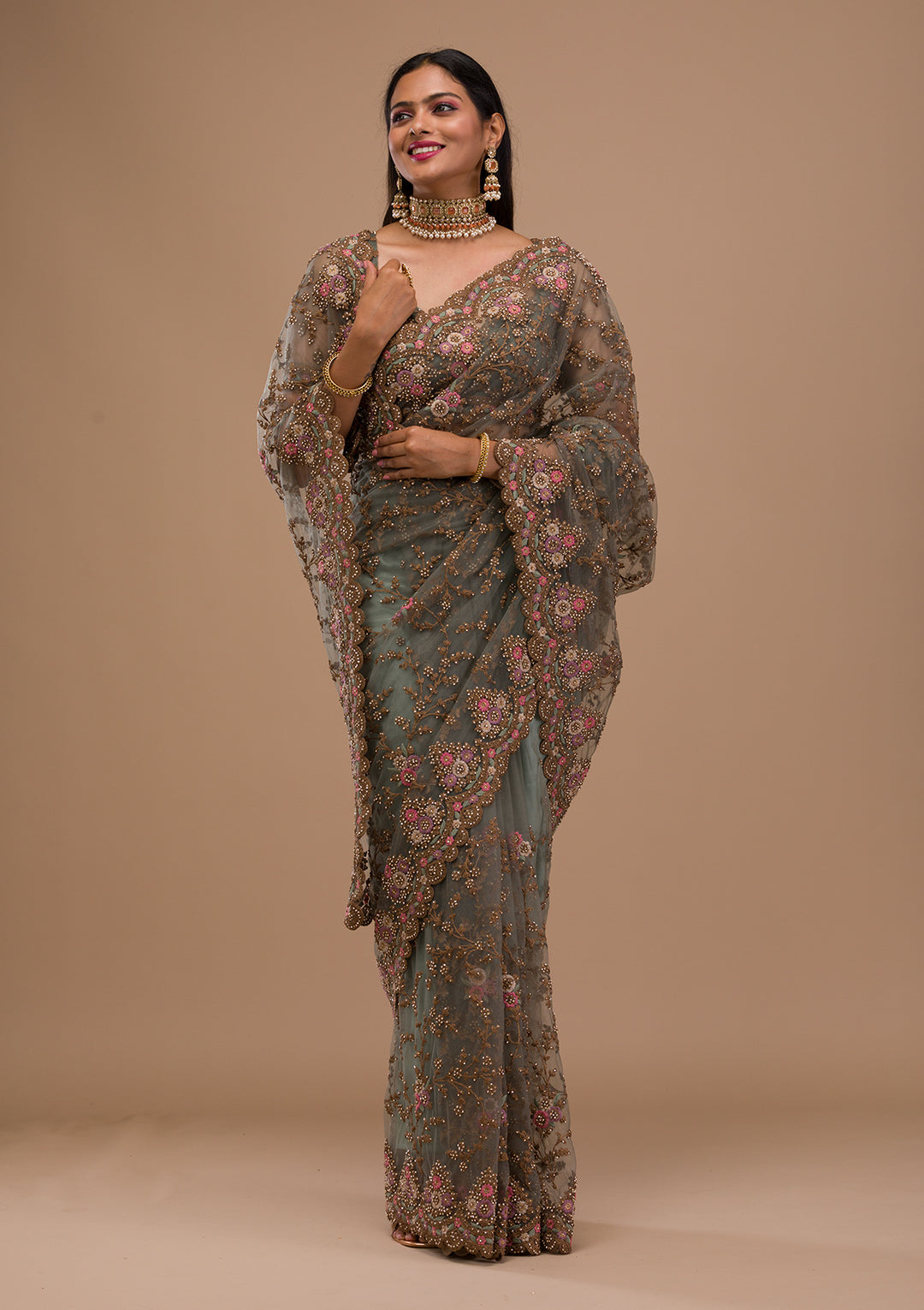 Sea Green Zariwork Net Saree