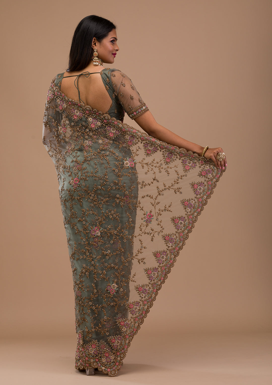 Sea Green Zariwork Net Saree
