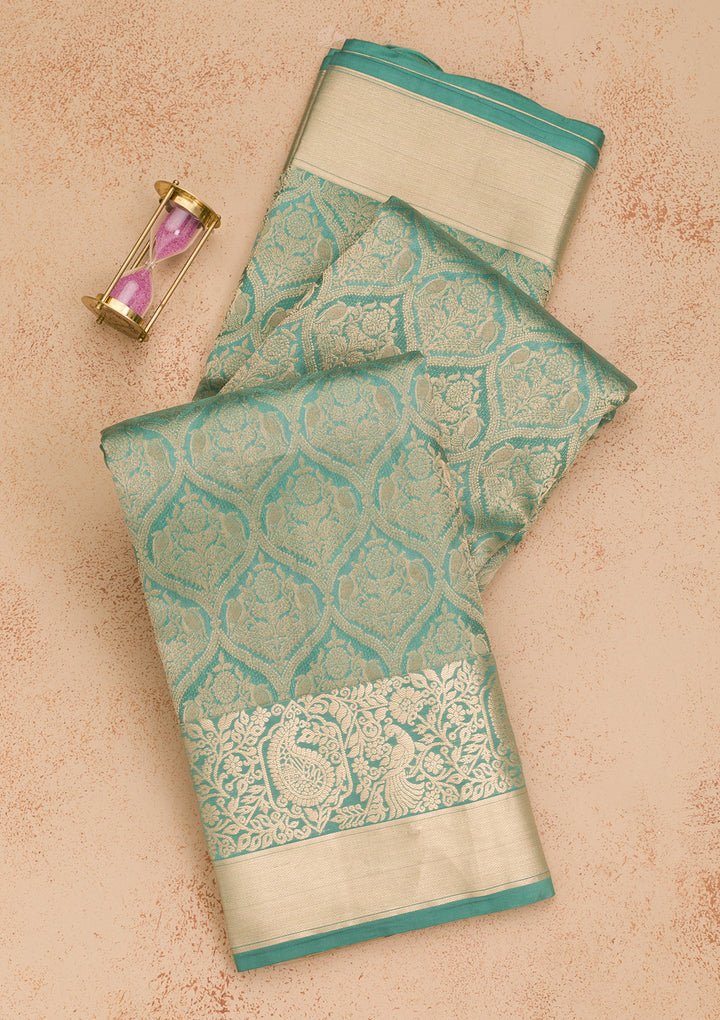 Sea Green Silk Jaal Gold Zariwork Saree With Matching Blouse Piece