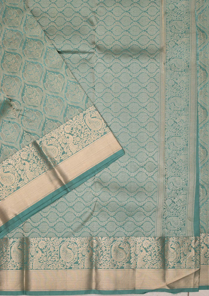 Sea Green Silk Jaal Gold Zariwork Saree With Matching Blouse Piece