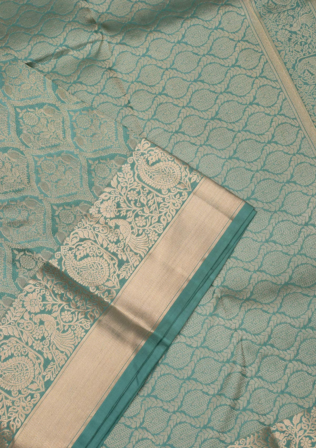 Sea Green Silk Jaal Gold Zariwork Saree With Matching Blouse Piece