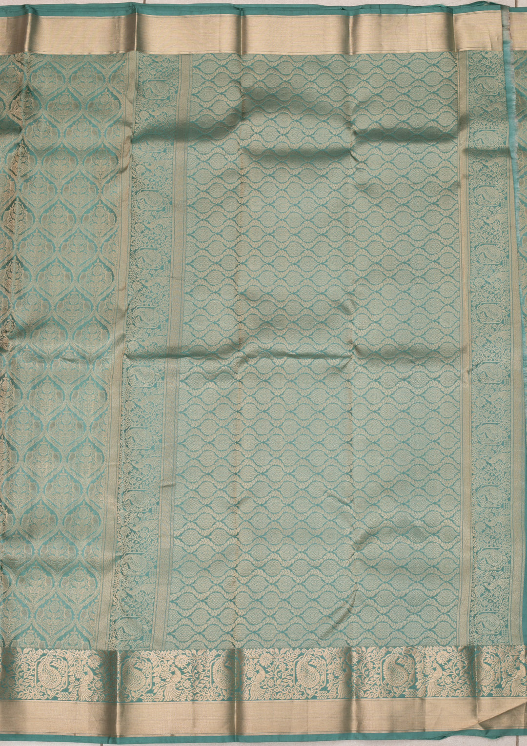 Sea Green Silk Jaal Gold Zariwork Saree With Matching Blouse Piece