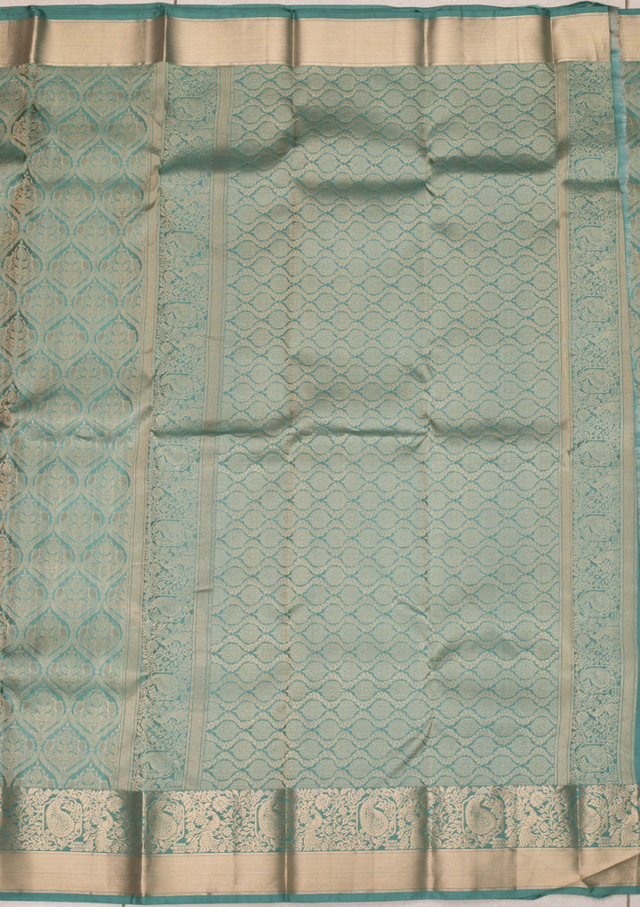 Sea Green Silk Jaal Gold Zariwork Saree With Matching Blouse Piece