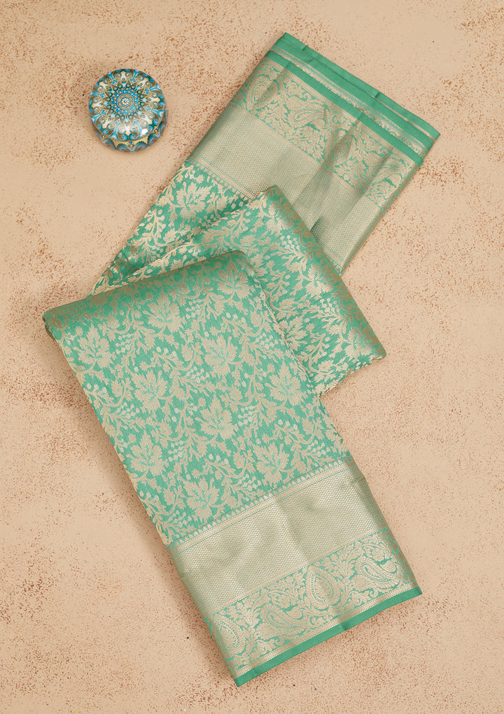 Sea Green Silk Jaal Gold Zariwork Saree With Matching Blouse Piece