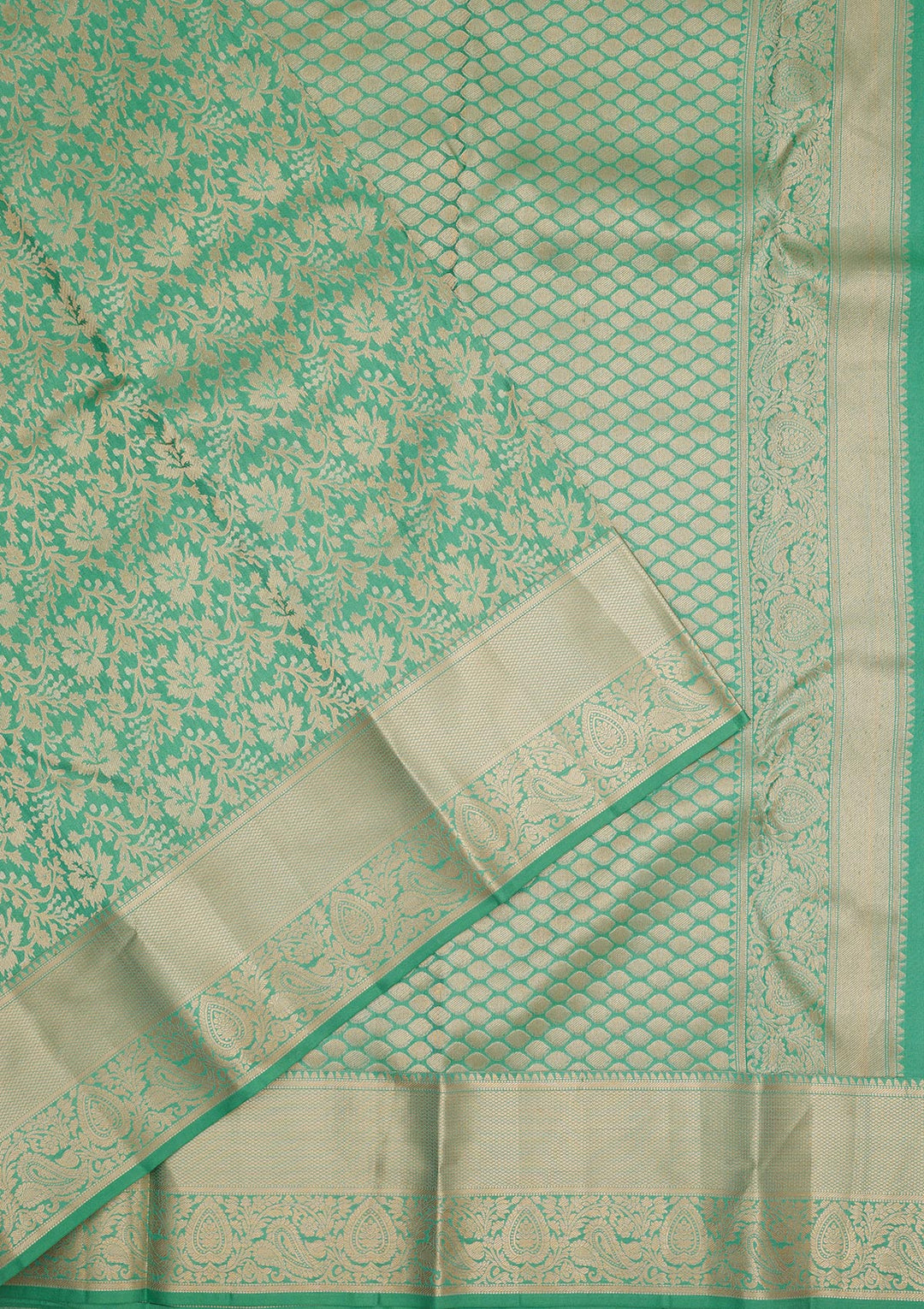 Sea Green Silk Jaal Gold Zariwork Saree With Matching Blouse Piece