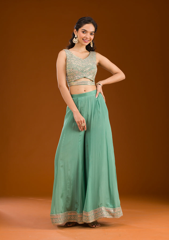 Sea Green Zariwork Semi Crepe Readymade Salwar Suit