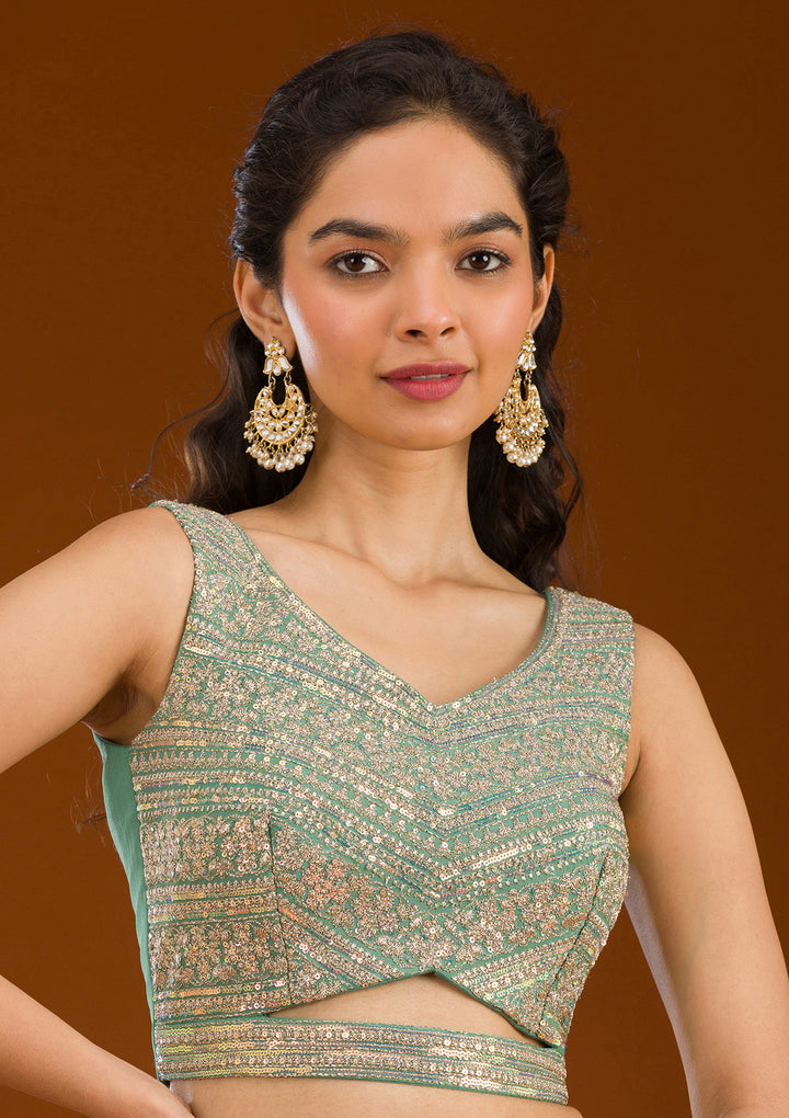 Sea Green Zariwork Semi Crepe Readymade Salwar Suit