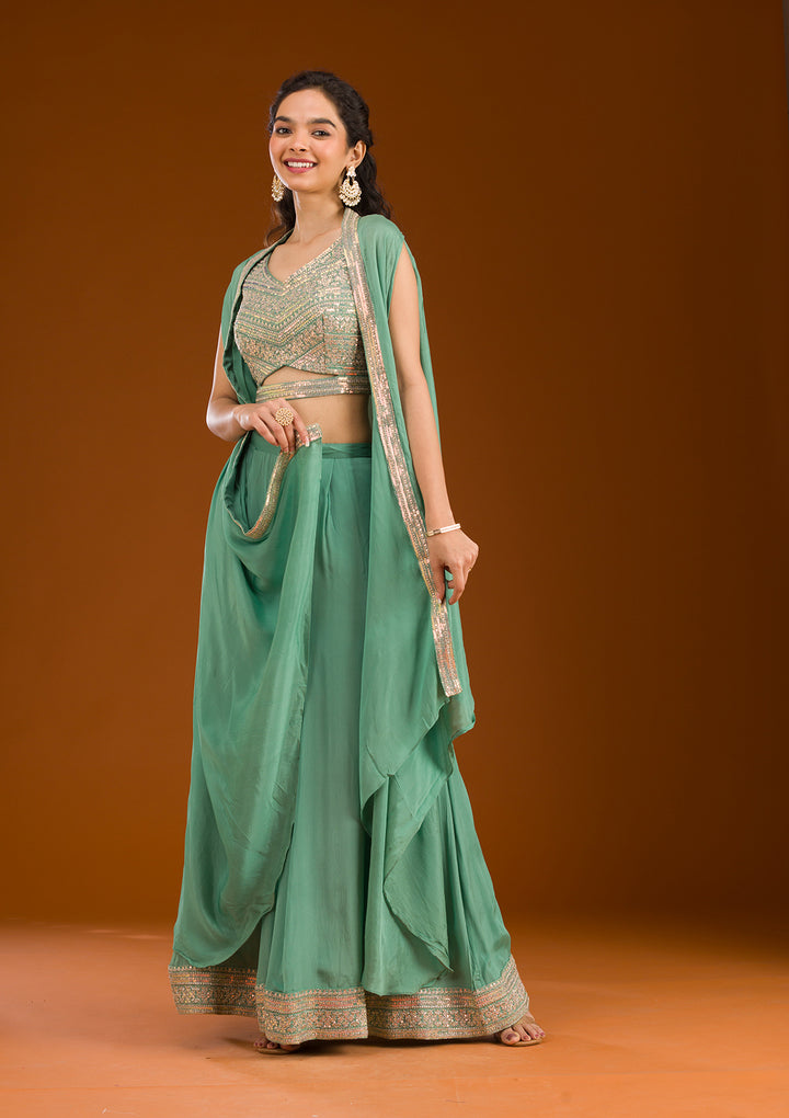 Sea Green Zariwork Semi Crepe Readymade Salwar Suit