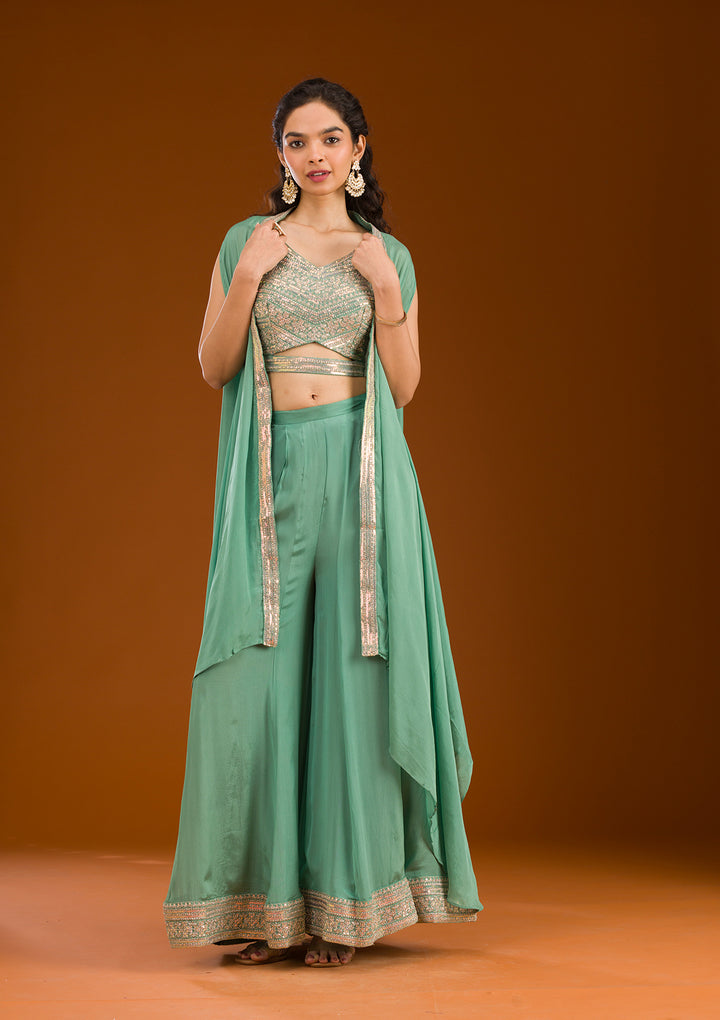 Sea Green Zariwork Semi Crepe Readymade Salwar Suit