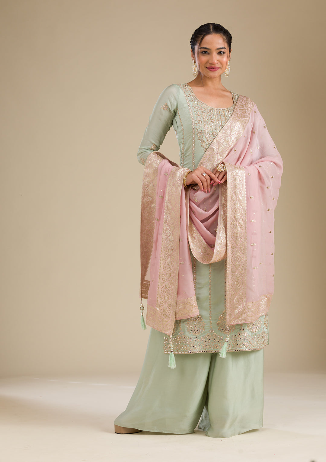 Sea Green Zariwork Semi Crepe Readymade Salwar Suit