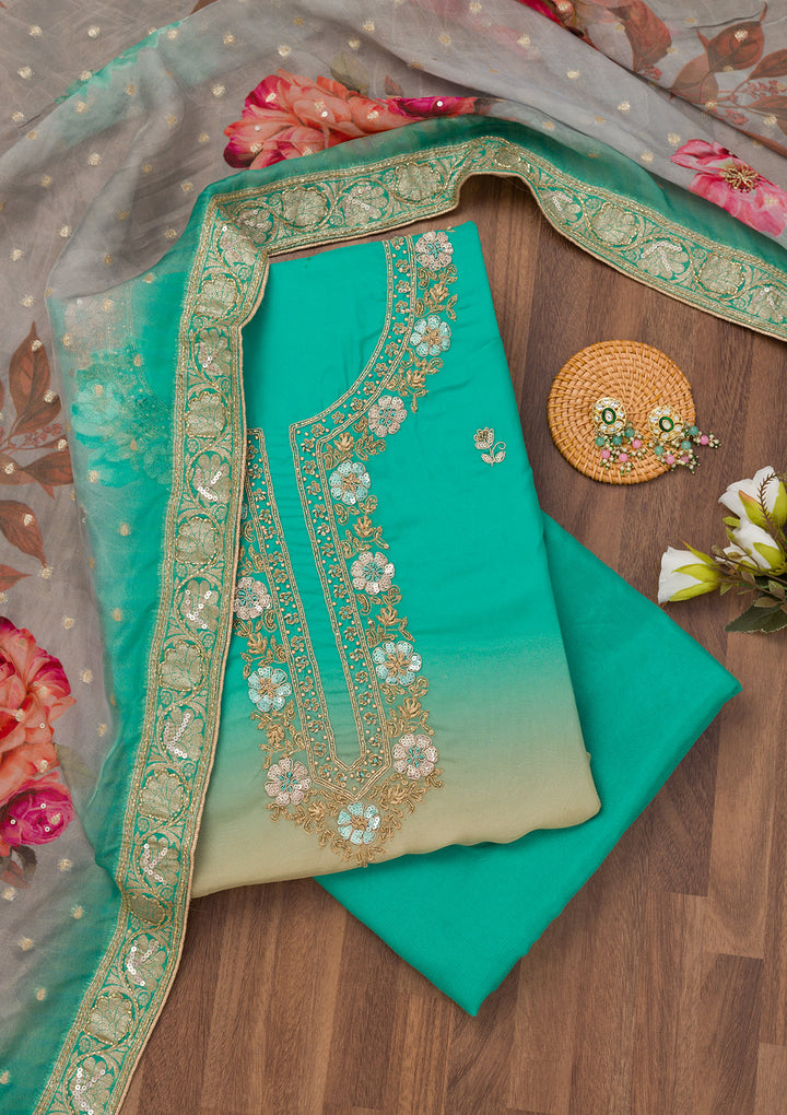 Sea Green Multi Tissue Gold Zariwork Unstitched Dress Material With Matching Bottom And Dupatta