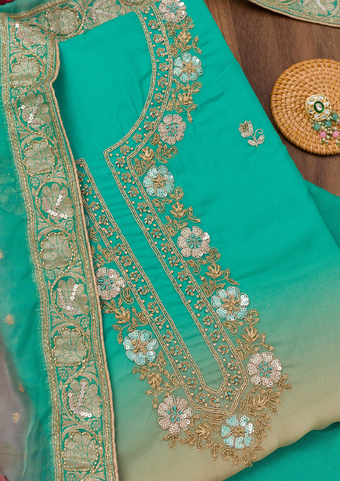 Sea Green Multi Tissue Gold Zariwork Unstitched Dress Material With Matching Bottom And Dupatta